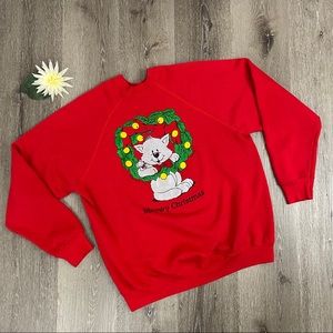 Vintage 80s Cat Christmas Red Crew Neck Sweatshirt